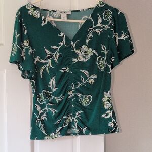 White House Black Market Green Floral V-Neck Blouse